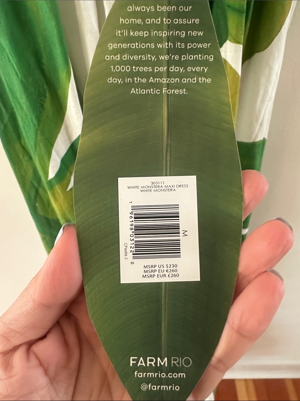 NWOT- FARM Rio White Monstera Maxi Dress with Green Leaf Print - Picture 3 of 4